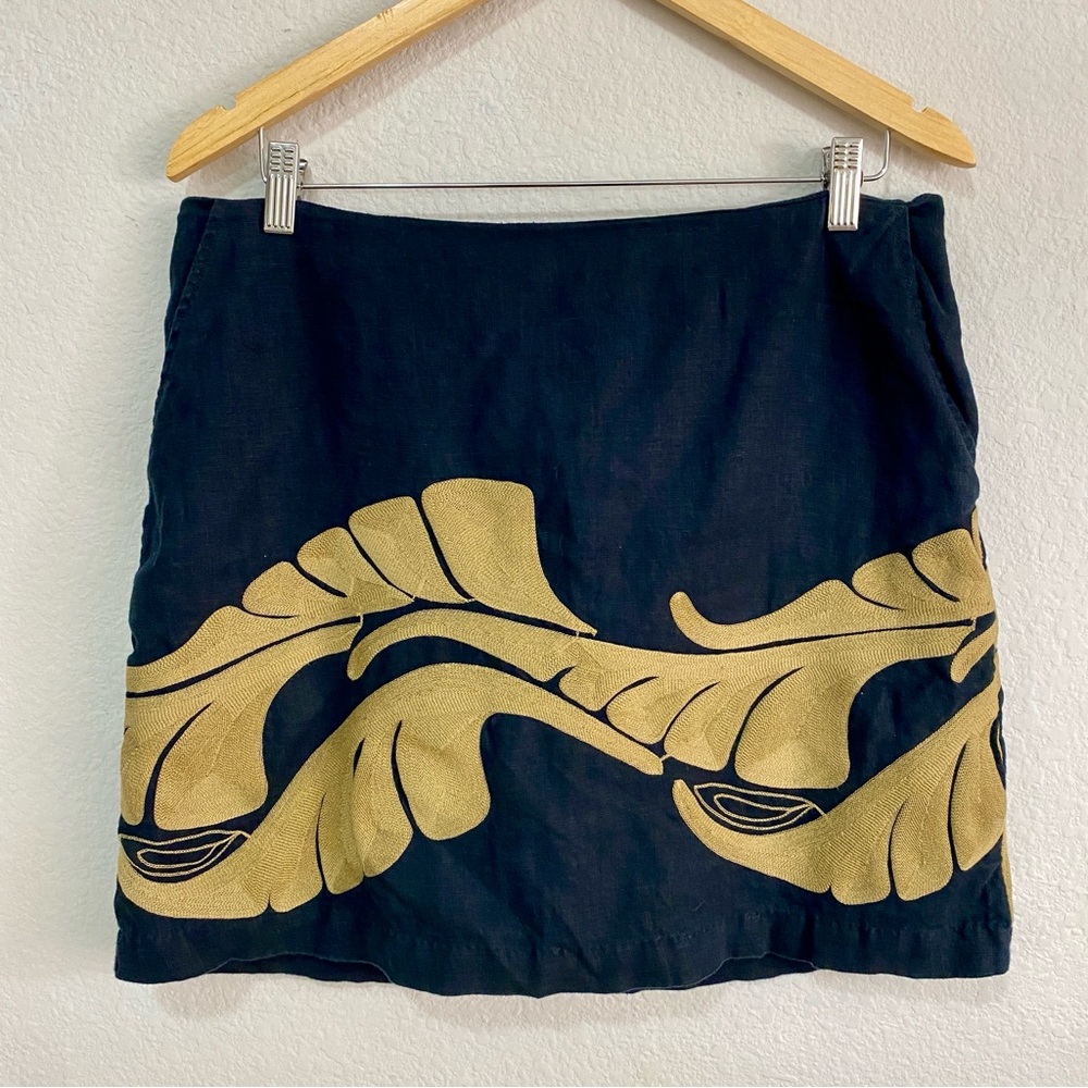 Banana‎ Republic Black Linen Embroidered Tropical Leaf Mini Skirt Tan Size 12